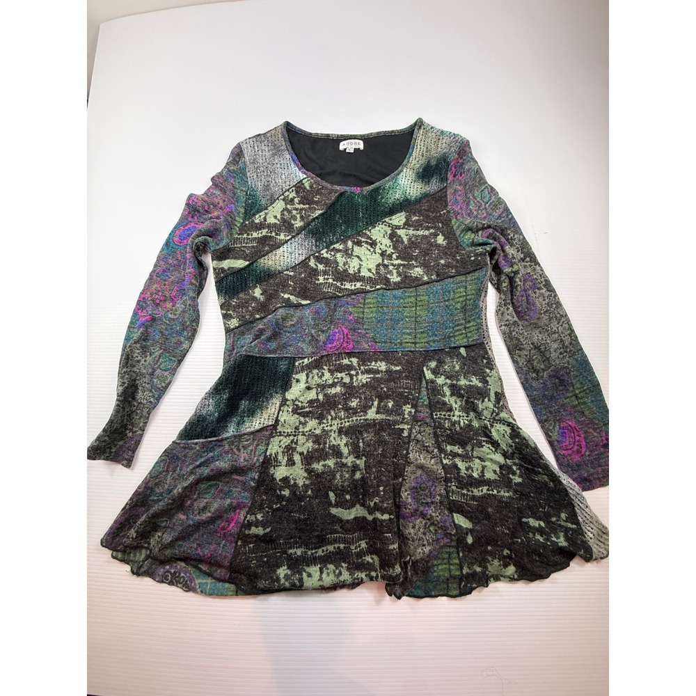 Adore Patchwork Tunic Top L Green Purple Paisley Long Sleeve Lined Boho Style